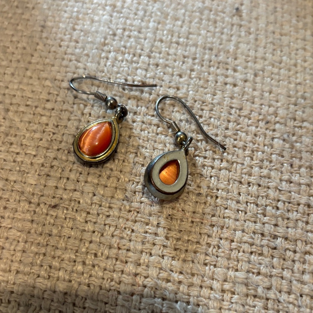 Elegant Orange dyed cats eyes and brass Teardrop Earrings